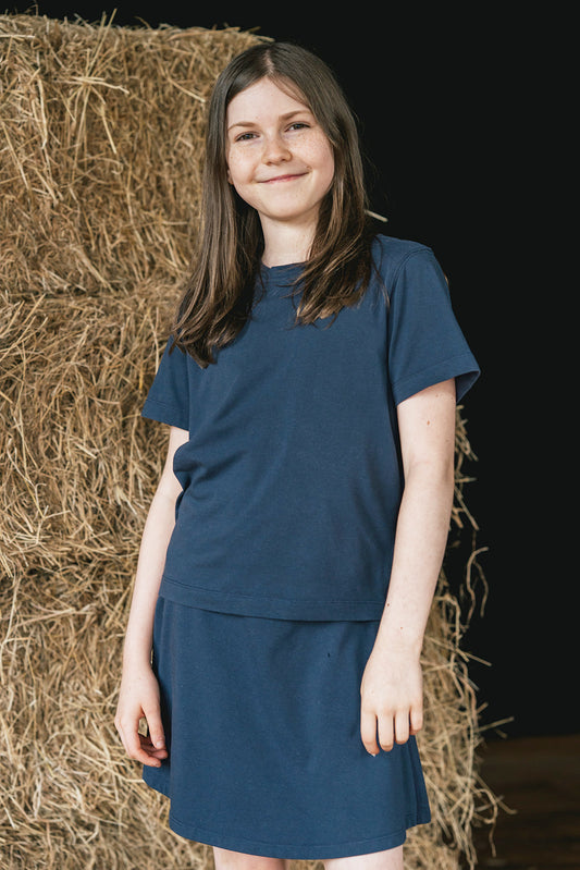 sensory dark blue a-line skirt combo