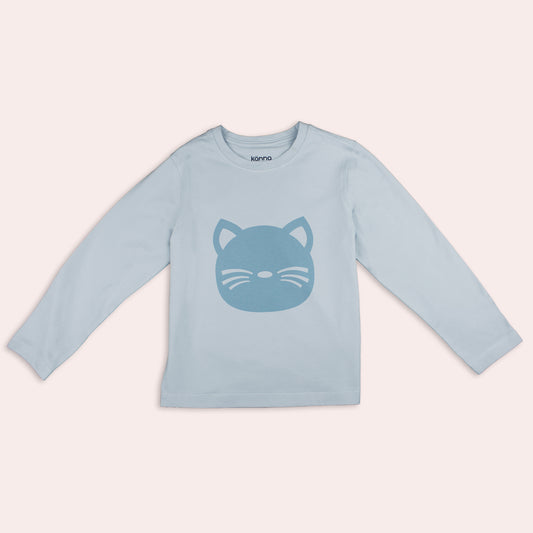 Light blue long-sleeve sensory shirt with a cat face design 