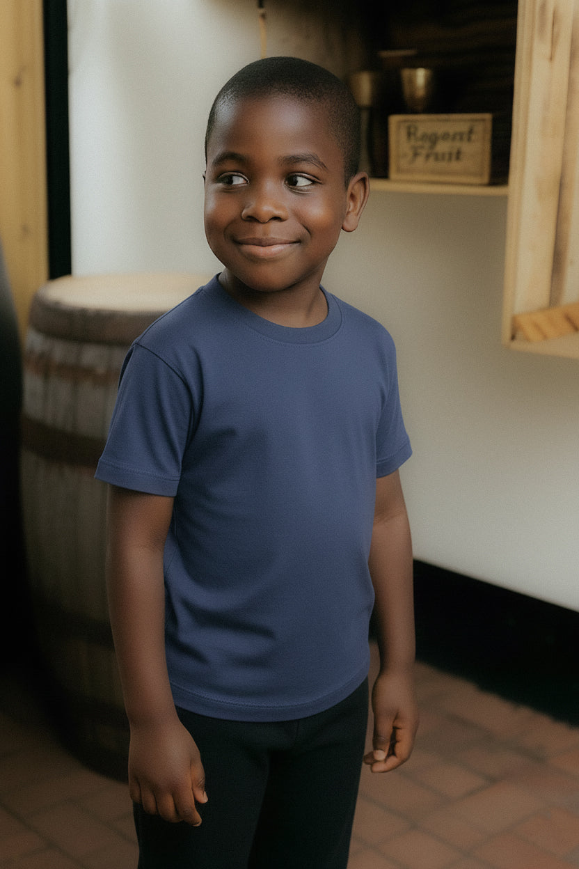 boy wearing blue long-sleeve sensory tee