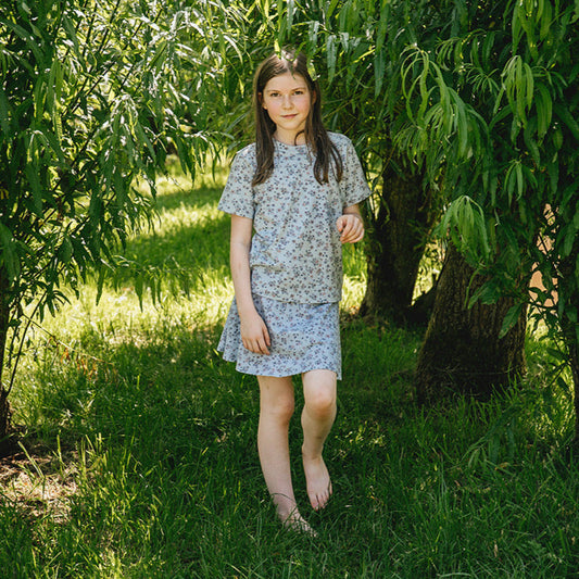 sensory blue floral tee and skirt
